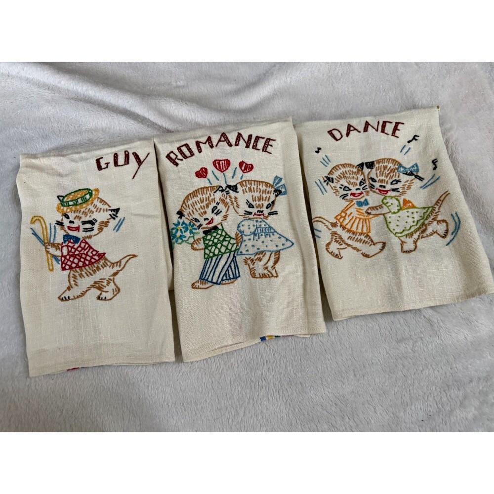 Vintage May Company Polish Embroidered Linen Tea Towels Cats Set of 3 16x25